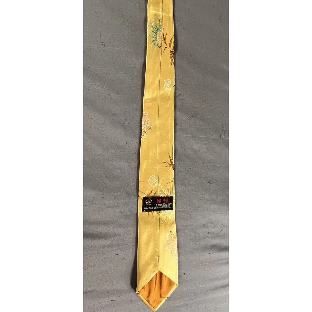 Vintage Shanghai No. 5 Silk Mill Gold Woven Silk Tie Bamboo Floral Design 53